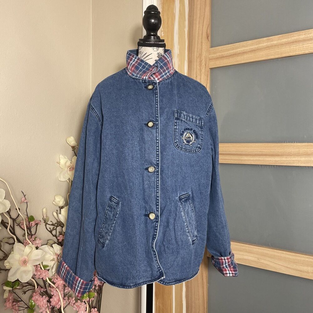 U.S Polo Assn Denim Jacket Women's Plaid Trim Button Front Casual Coat XL